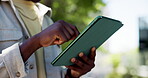 Hands, man outdoor and scroll with tablet for social media post, check email and online communication. Person, typing and browsing with tech in city for website search, digital app and notification.