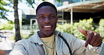 Phone, vlog and face of black man in city for communication, social media streaming and contact. Networking, college scholarship and influencer pov with person outdoor for university feedback