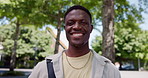 Student, university and face of black man in city on commute for learning, education and scholarship. Happy, school and portrait of person outdoor for studying opportunity, knowledge and travel
