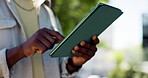 Hands, man outdoor and typing with tablet for social media post, check email and online communication. Person, scroll and browsing with tech in city for website search, digital app and notification.