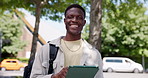 Black man, student and tablet in city, face and smile with backpack, booking taxi or confidence in street. African person, tech and portrait with bag, app and check schedule for education in town