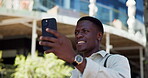 Phone, streaming and talking or black man in city for communication, social media vlog and contact. Networking, college scholarship and influencer with person outdoor for university feedback