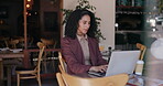 Remote work, typing or journalist in cafe with laptop, insight or edit of news article. Freelancer, research or woman in coffee shop with tech, proofreading or fact check for digital publication.
