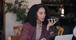 Business, phone call and woman in cafe, loudspeaker and digital app for online interview. Person, copywriting and journalist in restaurant, cellphone and recording with voice note or planning on memo