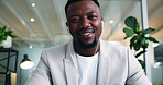 Face, earphones and black man in video call for business, insurance webinar or idea. Portrait, virtual meeting or POV of happy broker in online conference for policy update, think or listen in office