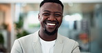 Face, business and black man in workplace, funny and trading agency with career ambition. African person, employee and professional with investment portfolio, laughing and smile with asset management