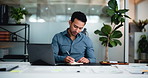 Business, man and writing with laptop in office for notes, finance reminder and audit report. Male person, pc and notebook for research, schedule update and financial timeline for investment proposal