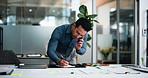 Man, phone call and writing with notebook at startup, documents or project report at media company. Person, smartphone and talk with contact, feedback and stats with checklist at creative agency