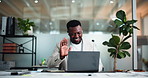 Media agency, video call and black man with laptop, greeting and virtual meeting for article proposal. African person, copywriting and journalist in office, pc and webinar with hello or communication