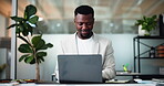 Laptop, research and typing with business black man in office for accounting or finance report. Computer, feedback and planning with African accountant in financial workplace for audit or review