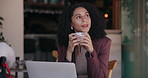 Woman, reflection and drinking coffee in cafe with laptop for remote work, journalism idea and thought. Freelancer, person and thinking in restaurant with computer, article inspiration and beverage.
