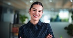 Happy woman, face and designer with confidence in office for career pride or job opportunity. Portrait, female person or creative employee with smile or arms crossed for company design or startup