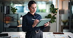 Stylus, business woman or tablet in office for account review, monitor performance or update asset record. Reading, check investment security or portfolio manager with market research, tech or scroll