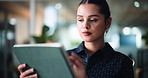 Business woman, designer and research with tablet in office for schedule or creative strategy. Female person, employee or browsing with technology for network, design or development in workplace