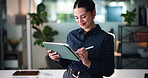 Stylus, happy woman or tablet in office at night for account review, monitor performance or update record. Reading, check investment security or portfolio manager with market research, tech or late