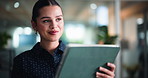 Happy woman, designer or thinking with tablet in office for schedule or creative strategy. Female person, employee or research with technology for network, design or business development in workplace
