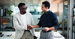 Handshake, financial advisor or people with tablet in office, investment advice or forecast mentoring. Speaking, partnership or happy staff shaking hands for guidance, review savings proposal or tech