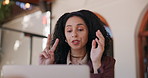 Business woman, laptop and video call with online meeting for discussion or chat in home. Female person, remote work or virtual webinar with computer for web service, communication or advice in house