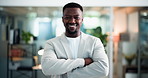 Face, business and black man with arms crossed in office for career pride, about us and real estate. Portrait, male person and smile for realtor ambition, property development and housing consultant