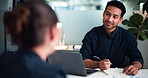 Man, notebook and job interview in office at recruitment company, laptop and question for onboarding process. People, HR manager and discussion for employee assessment, writing or checklist at agency