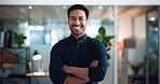 Happy, businessman or face with confidence in office for company design, improvement or development. Portrait, man or creative designer with smile or arms crossed for career pride or job opportunity