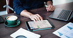 Hands, tablet screen and business person with laptop for investment portfolio, metrics or trading. Tech, broker and financial graphs for stock market, typing and scroll for trend analysis in office
