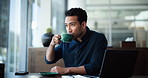 Man, thinking and coffee in office for morning reflection, story vision or article inspiration. Creative agency, journalist and drink with warm beverage for publication, planning and decision
