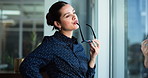 Thinking, glasses or bored woman by window for planning, job reflection or business opportunity. Career disinterest, decision making or worker with eyewear for perspective, development idea or office
