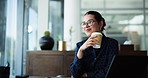 Woman, thinking and coffee in office for morning reflection, story vision or article inspiration. Creative agency, journalist and drink with warm beverage for publication, planning and decision