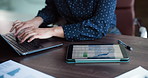 Hands, typing and business woman with laptop for investment portfolio, metrics or trading. Computer, broker and person with financial graphs for stock market, data and trend analysis in office