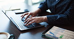 Hands, laptop and business person with accounting metrics, investment and typing in office. Computer, accountant and woman with financial graphs for budget, audit review and bookkeeping spreadsheet