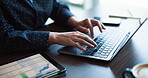 Chart, laptop and hands with business person in office for account bookkeeping, investment stats and research. Portfolio manager, planning and revenue projection on tablet with employee typing