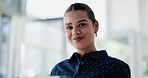 Smile, face and business woman in office for professional, realtor and about us. Property developer, happiness and confidence with portrait of employee in agency for real estate agent and opportunity