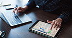 Hands, laptop and business person with tablet screen for accounting metrics, investment and typing. Tech, accountant and woman with financial graphs for budget, audit or scroll spreadsheet in office