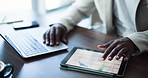 Hands, finance and business person with tablet screen for accounting metrics, investment and laptop. Tech, accountant and man with graphs for budget, audit information or scroll spreadsheet in office