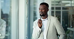 Thinking, glasses and manager by window for solution, project reflection and business opportunity. Brainstorming, problem solving and black man with ideas for development, eyewear and smile in office