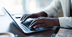 Hands, business and man with laptop in office for research, data entry and insurance report. Person, typing and tech for claims process application, policy renewal and customer portfolio for coverage