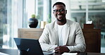 Face, laughing and man with laptop, office or confident for career development with financial growth. Business analyst, happy and black person with tech for research and risk management in Nigeria