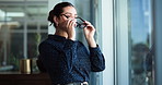 Thinking, glasses and businesswoman by window for solution, project reflection or development opportunity. Brainstorming, problem solving or employee with eyewear for planning, thoughtful or ideas