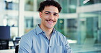 Face, smile and business man in workplace as wealth consultant, finance and about us. Portrait, happy professional and confident person in office, investment advisor and employee ambition in Spain