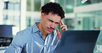 Glasses, eye strain and man in office with stress, burnout or overworked with task management. Frustrated, headache and entrepreneur with laptop for anxiety, fatigue and project deadline tension