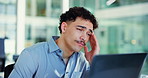 Stress, headache and man in office with migraine, burnout or overworked with task management. Frustrated, eye strain and entrepreneur with laptop for anxiety, fatigue and project deadline tension