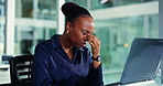 Tired, black woman or headache with laptop for stress, anxiety or mental health in office. Frustrated, female person or employee with migraine on computer for fatigue, pressure or strain in workplace