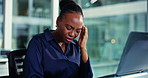 Black woman, headache or laptop with stress, anxiety or mental health for eye strain in office. Tired, female person or employee with migraine on computer for fatigue, fail or pressure in workplace