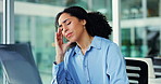 Frustrated, headache and woman in office with migraine, burnout or overworked with task management. Anxiety, eye strain and entrepreneur with laptop for anxiety, fatigue and project deadline tension