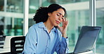 Stress, headache and woman in office with migraine, burnout or overworked with task management. Frustrated, eye strain and entrepreneur with laptop for anxiety, fatigue and project deadline tension