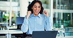 Business, woman and cheering with laptop in office for good news, promotion email and story funding. Person, fist pump and pc for announcement, positive feedback and celebration for award nomination