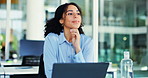 Media agency, thinking and woman in office, laptop and planning for submission. Person, copywriting and employee in workplace, pc and research for news report, decision and ideas for creative project