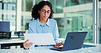Laptop, documents and woman with typing for finance review, research and analytics. Office, tech and business person with glasses, graph and report for financial planning, audit or project budget