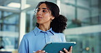 Trading, thinking and woman in office, tablet and planning for future profit growth. Person, investor or professional in workplace, tech or contemplation with decision for investment portfolio or app